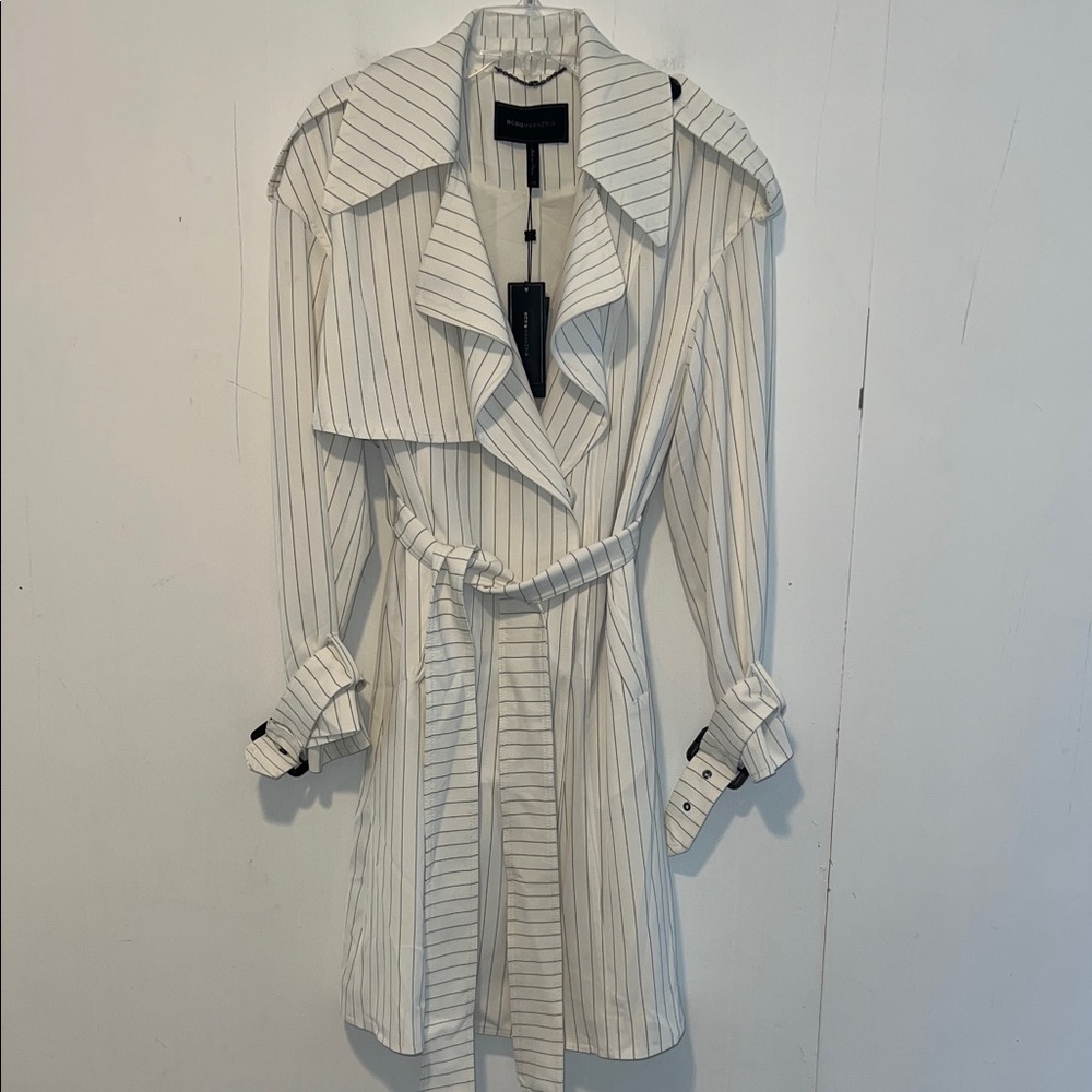 NWT BCBGMaxAzria White and Black Striped Jacket Trench Coat Snaps Belt HU
